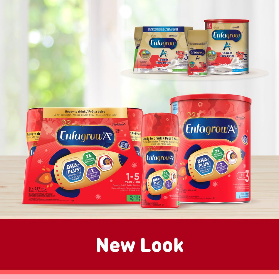 Enfagrow A+, Toddler Nutritional Drink, Ready To Drink Bottles, 26 Nutrients, Milk Flavour, with Brain Building DHA a type of Omega-3 fat, (Packaging may vary),237ml x 6 count