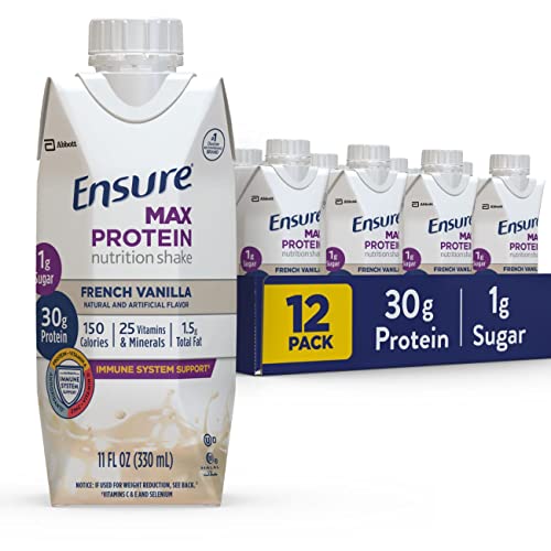 Ensure Max Protein Nutritional Shake with 30g of High-Quality Protein, 1g of Sugar, High Protein Shake, French Vanilla, 11 fl oz, 12 Count