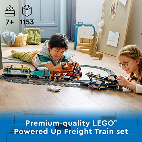 LEGO City Freight Train Set, 60336 Remote Control Toy for Kids Aged 7 Plus with Sounds, 2 Wagons, Car Transporter, 33 Track Pieces and 2 EV Car Toys