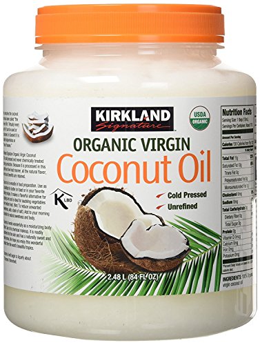 2.3kg./ 84oz./ Coconut Oil. Certified Organic. Virgin. Cold Pressed. Unrefined. Additive Free. Kirkland Signature Brand.