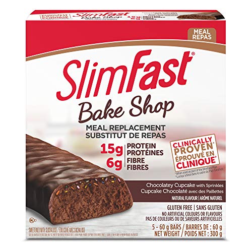 Case of 12 Boxes of Slimfast Bake Shop Meal Replacement Bars, with 15g of Protein & 5g Fiber, 5 - 60g Bars per Box and 12 Boxes per case = 60 Bars Total; Bake Shop Chocolatey Cupcake Bar