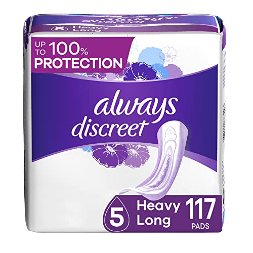 Always Discreet Incontinence and Postpartum Pads for Women, Heavy Absorbency, Long Length, 117 Count, Packaging May Vary