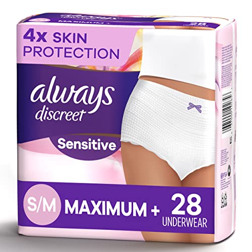 Always Discreet Sensitive Incontinence and Postpartum Incontinence Underwear for Women, Size Small/Medium, Maximum Plus Absorbency, Fragrance Free, 28 Count (Packaging May Vary)