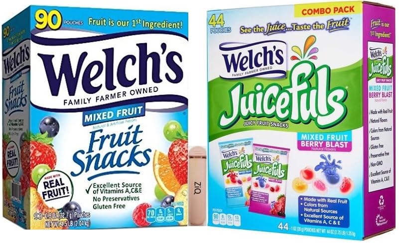 Welch's Fruit Snacks, Mixed Fruit, Gluten Free, Bulk Pack, Individual Single Serve Bags, 0.8 oz (Pack of 90) / Welch’s Juicefuls Juicy Fruit Snacks, Variety Pack, 1 oz, 44 count, Berry Blast and Mixed Fruit / Total 134 variety pack / ZiQ Clip 1pc