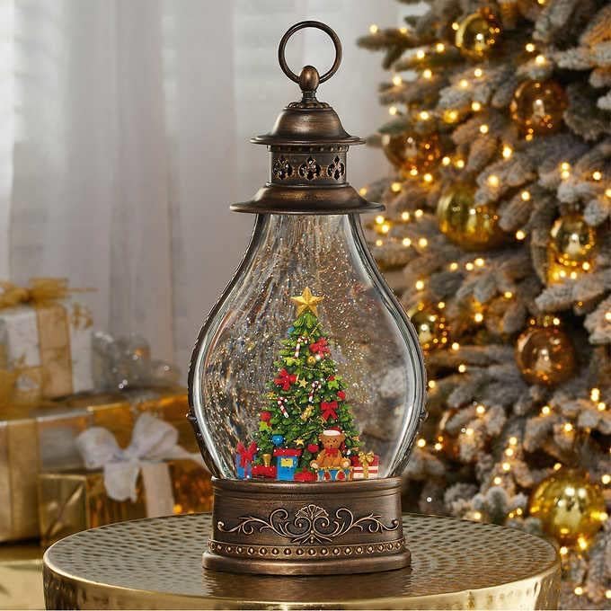 14'' Holiday Christmas Lantern with LED Light and Timer - Christmas Tree Bronze