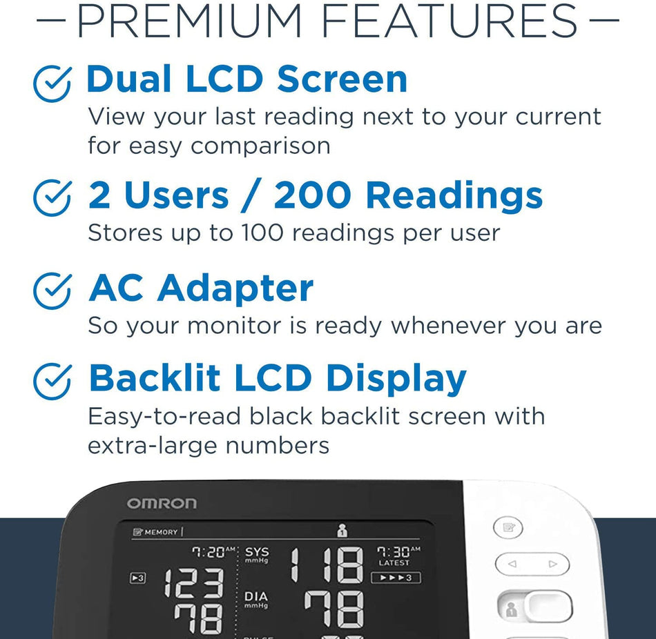 Omron Blood Pressure Monitor Series 10 Premium Upper Arm Cuff, Digital Bluetooth, Stores 200 Readings for Two Users (100 readings each)
